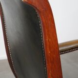 Set of 2 Green Leather English Chesterfield Armchairs Combined with wood