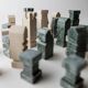 Vintage marble chess set from the 1970s, green and beige stone board, heavy design, geometric pieces, sculptural tabletop game, gift idea.