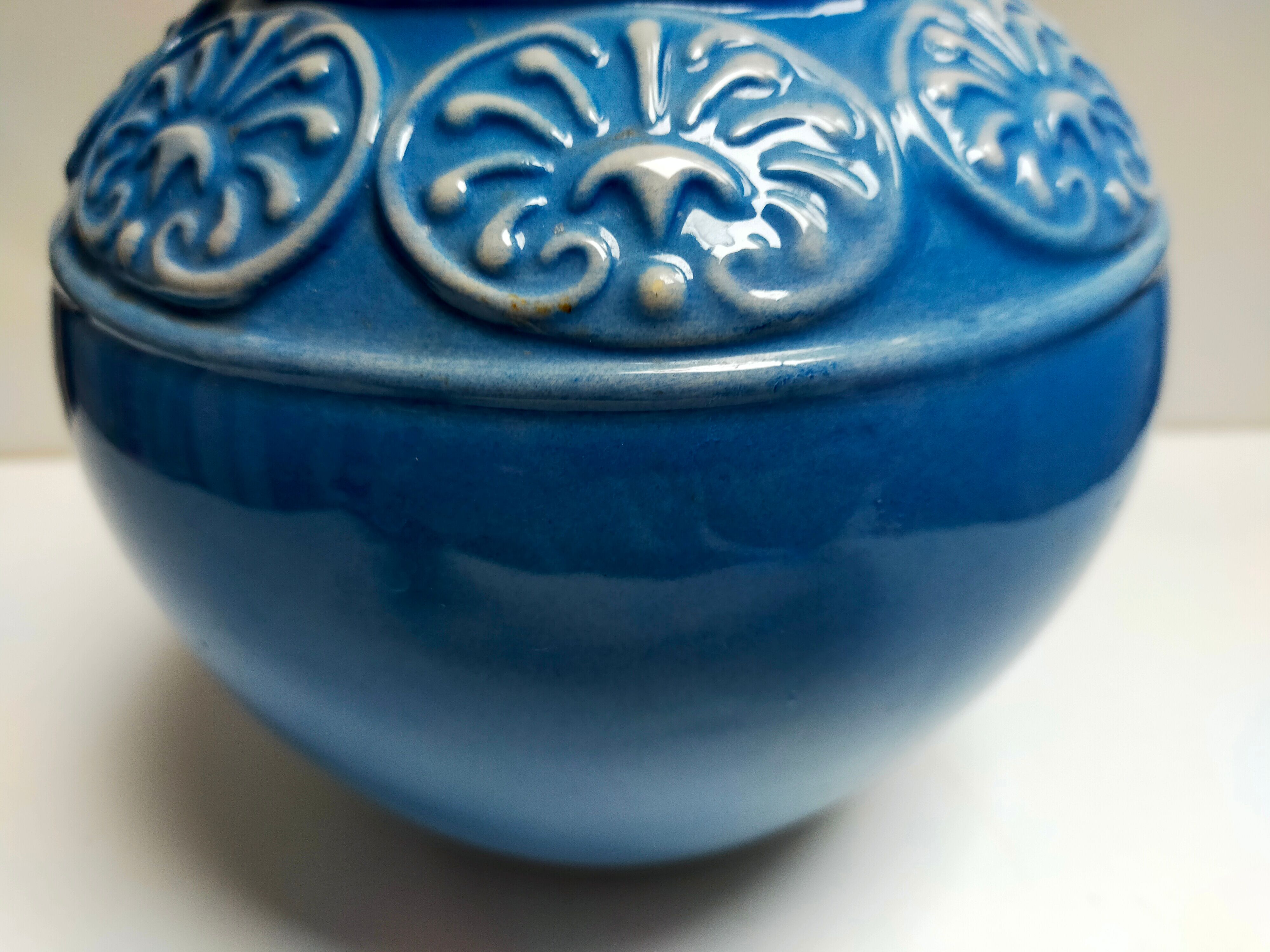 Ceramic vase ball blue art deco vintage carved numbered