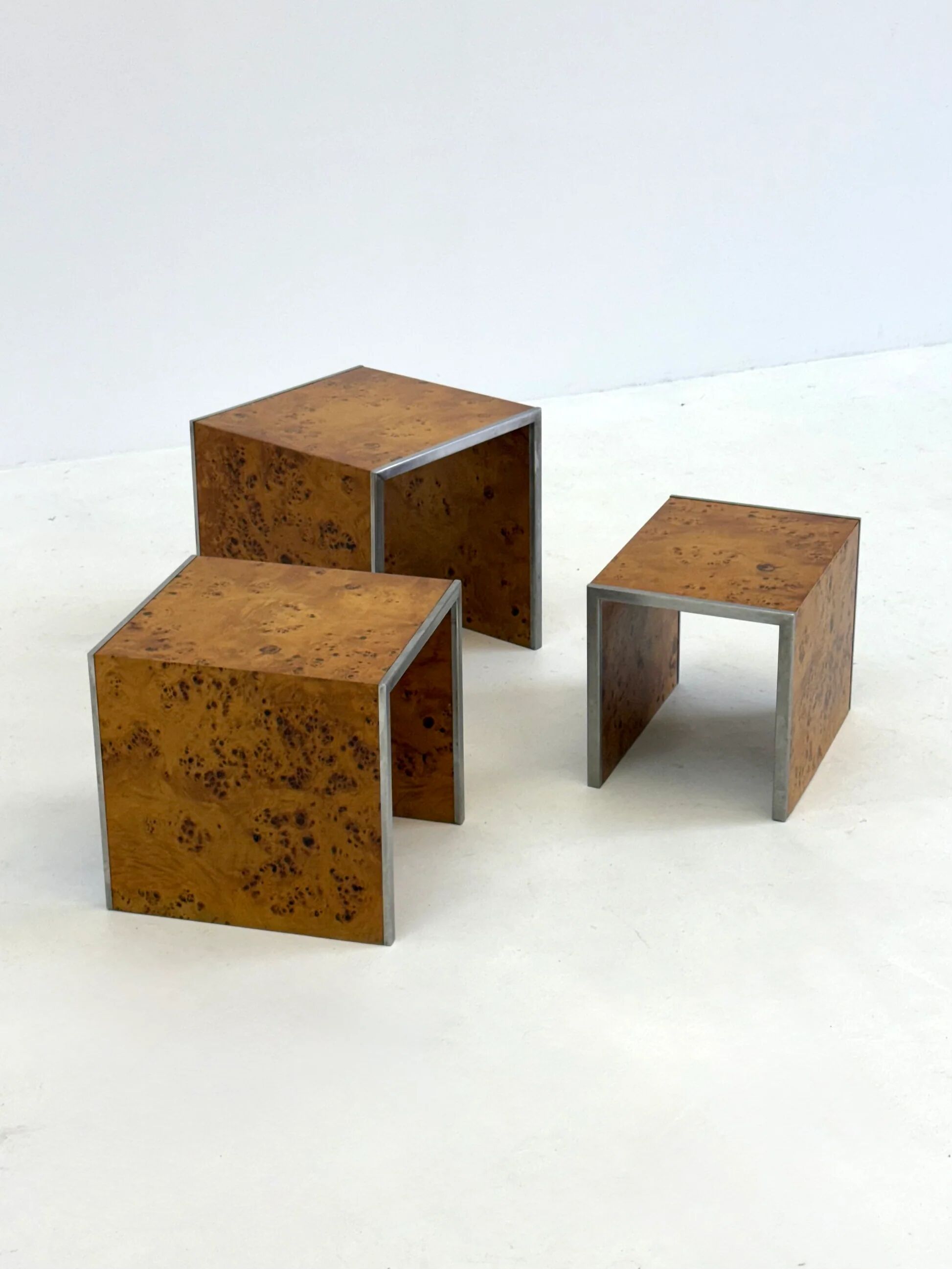 Set of three Tommaso Barbi mid-century modern burl wood nesting tables