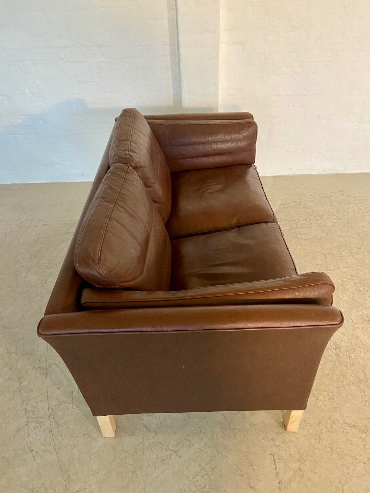Danish mid-century vintage Mogens Hansen 2 person cognac brown leather sofa 60s