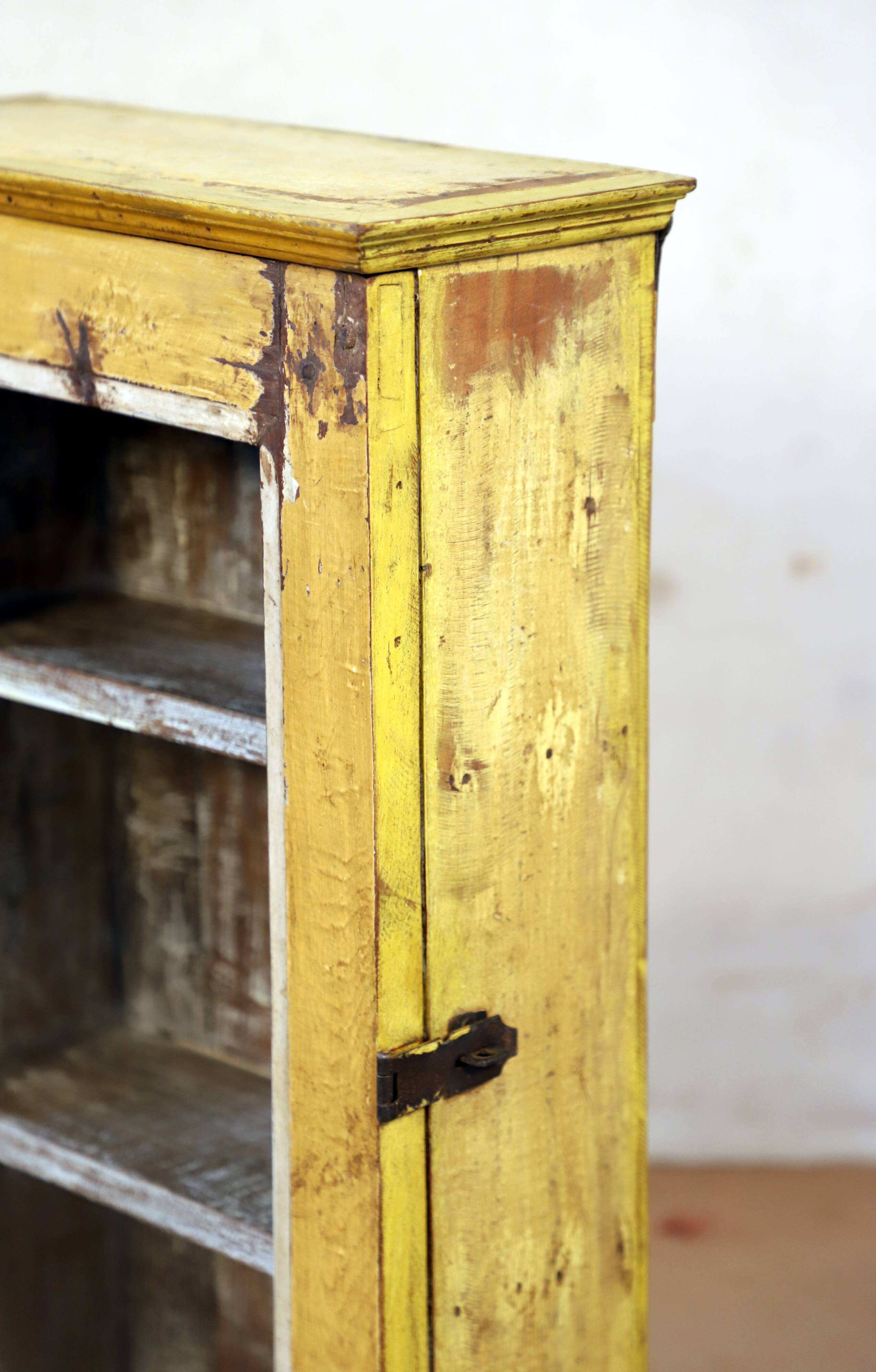 Showcase burmese teak wall shelf with original yellow patina
