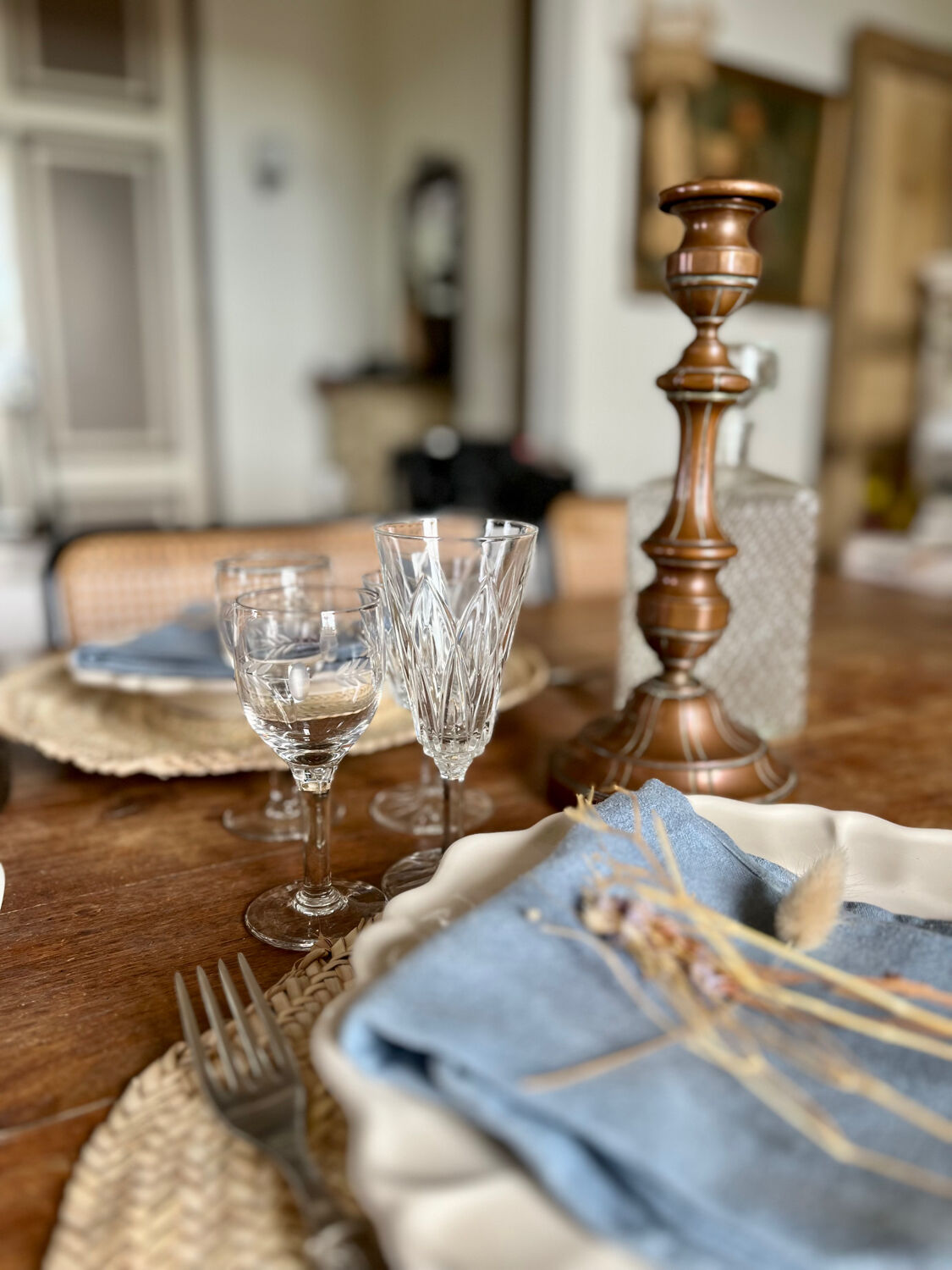 Set of three Reims crystal flutes 1950