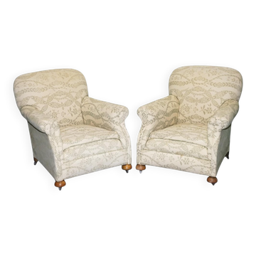 Fauteuils Club Victorien en Tissu d'Ameublement Floral Crème, Set de 2