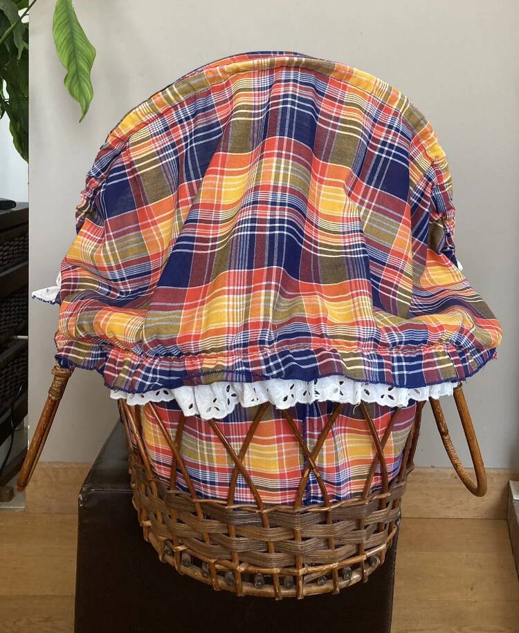 1970s wicker rattan portable bassinet cradle complete with bedding