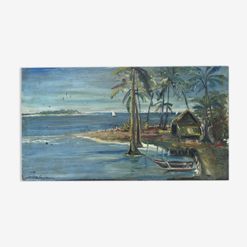 Old oil painting on cardboard exotic landscape