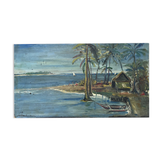 Old oil painting on cardboard exotic landscape
