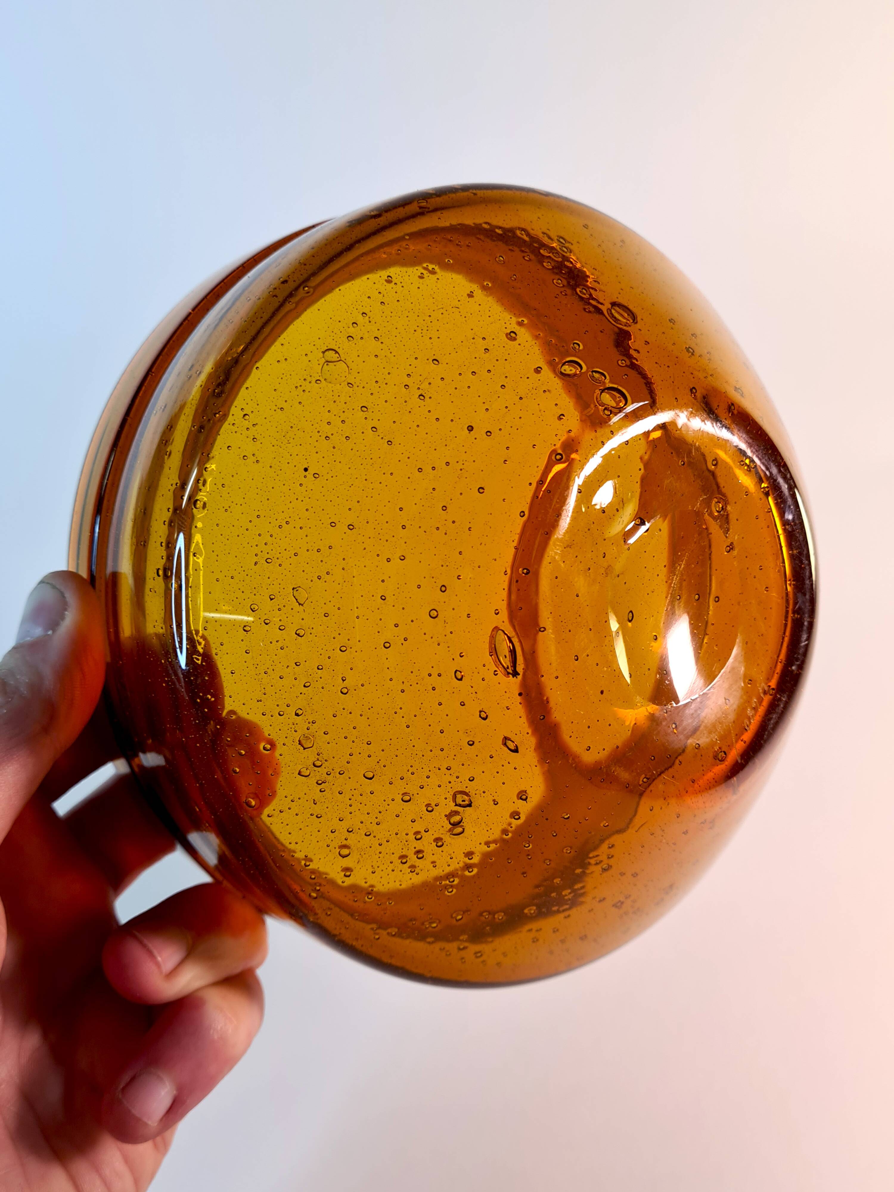 Vintage amber blown glass bowl - decorative bubbles
