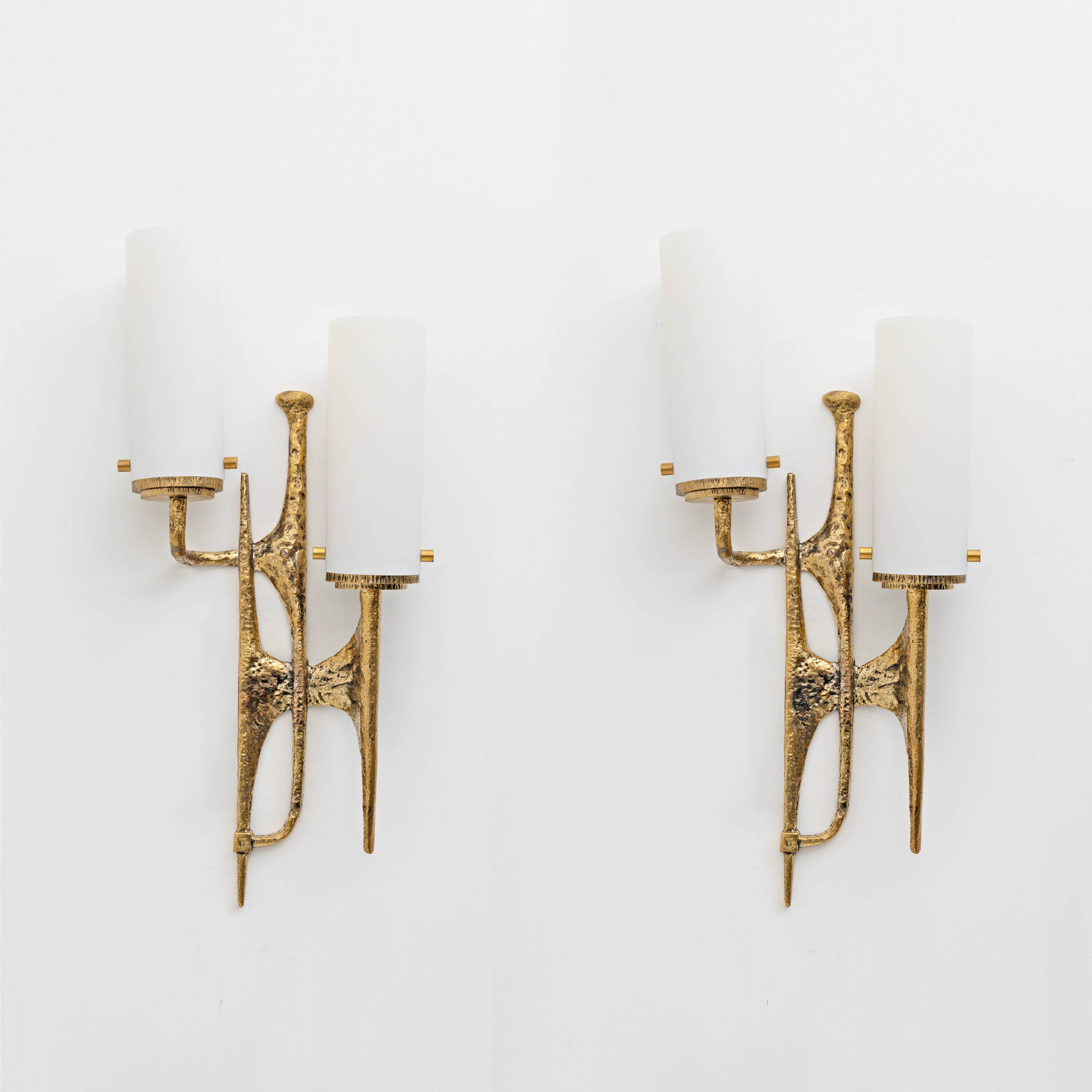 Pair of Brutalist Bronze Wall and Murano glass Sconces by Felix Agostini