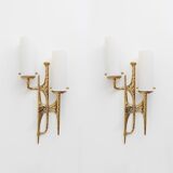 Pair of Brutalist Bronze Wall and Murano glass Sconces by Felix Agostini
