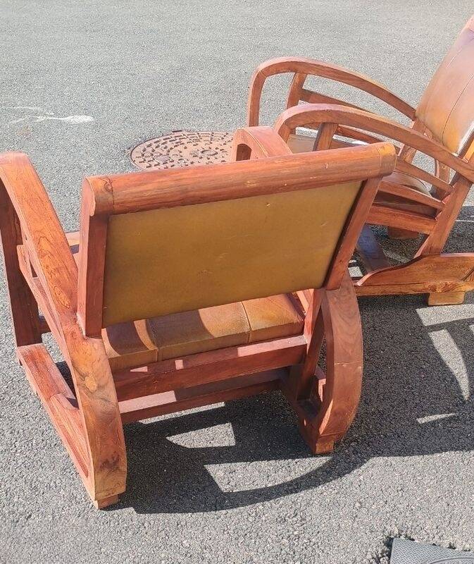 Pair of Club Ship Chairs Art Deco – Solid Wood & Brown Leather/Leatherette