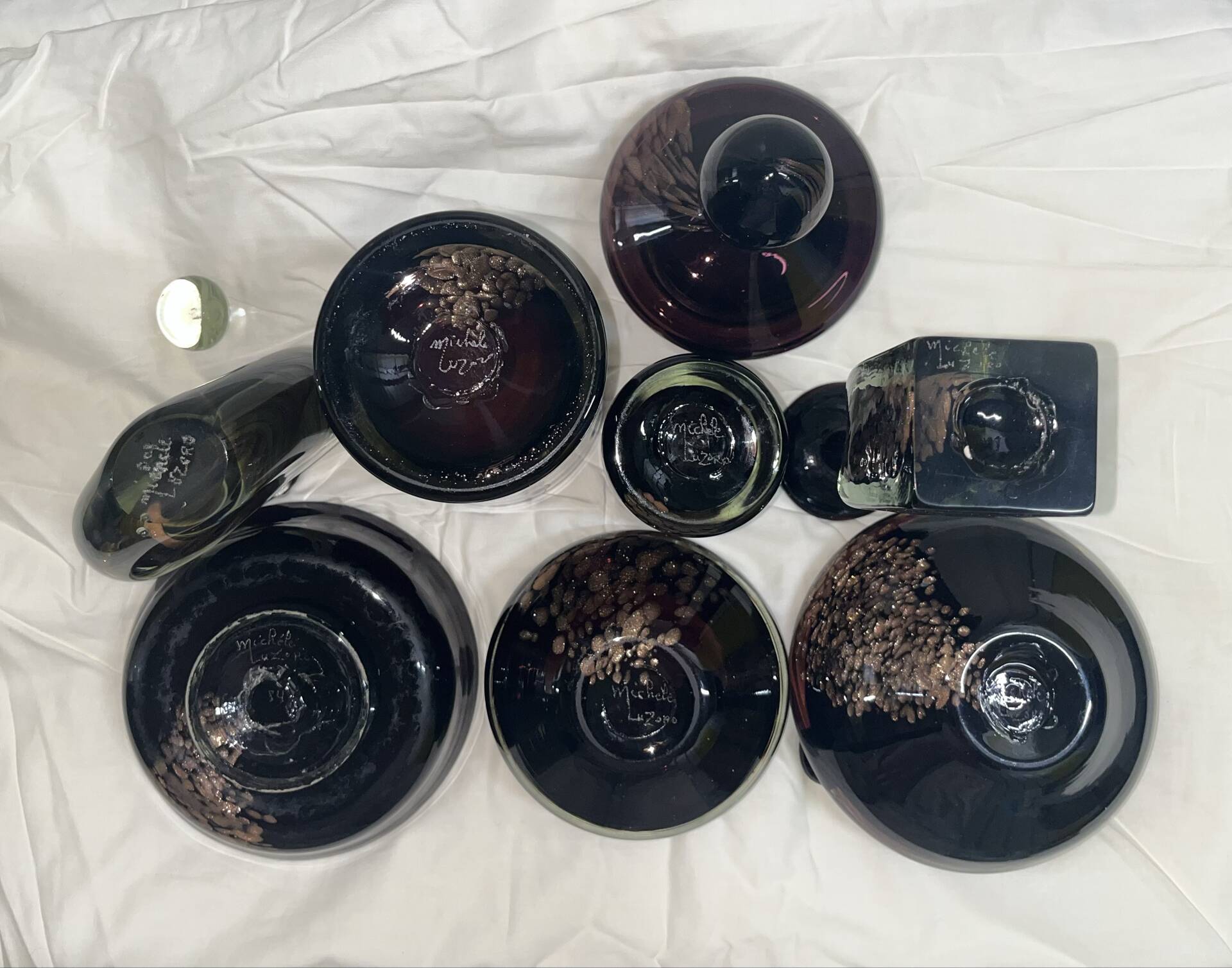 Lot de 7 pièces en verre soufflé signées Michèle Luzoro