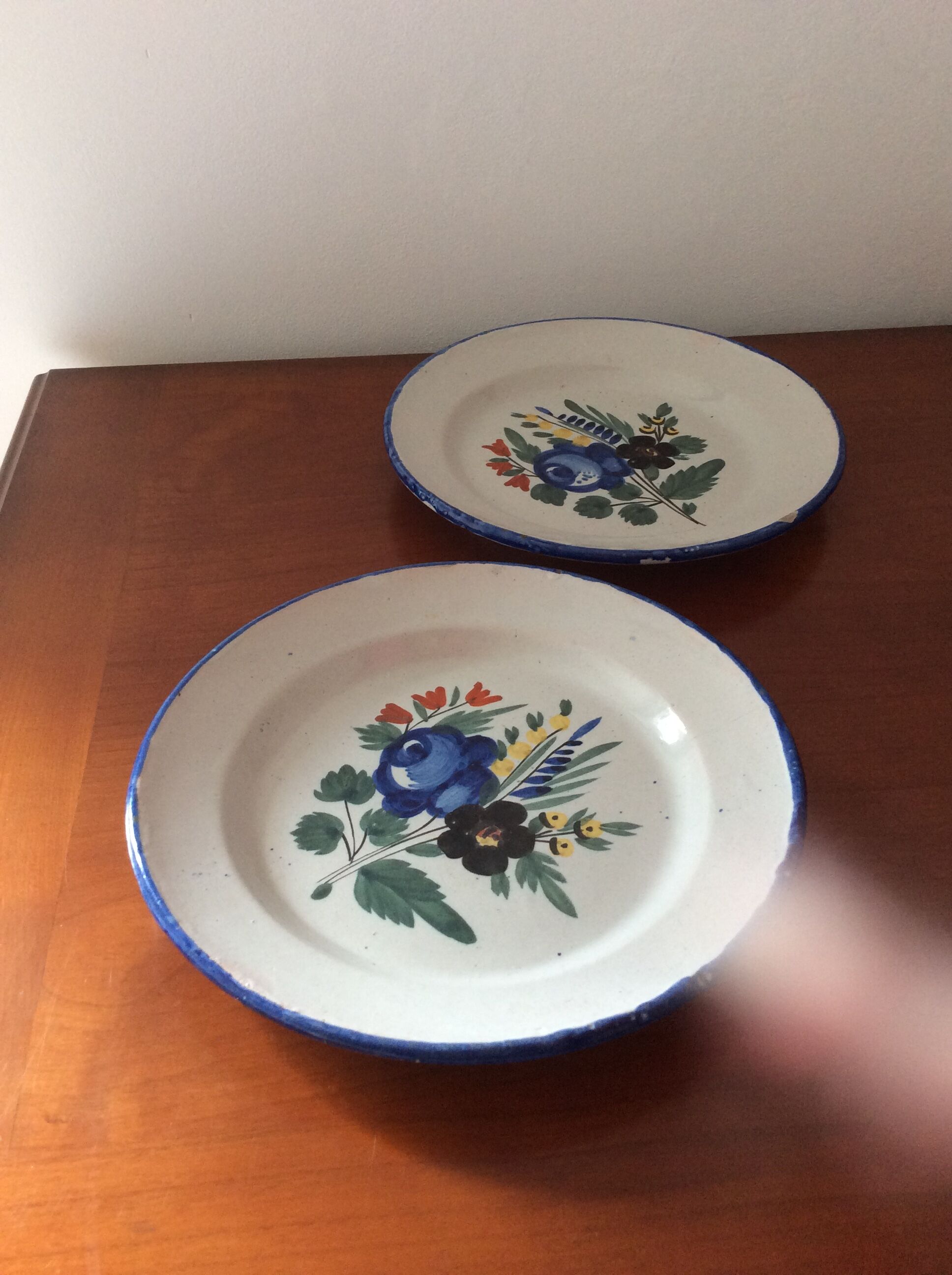 Set of 2 old painted terracotta plates enamelled