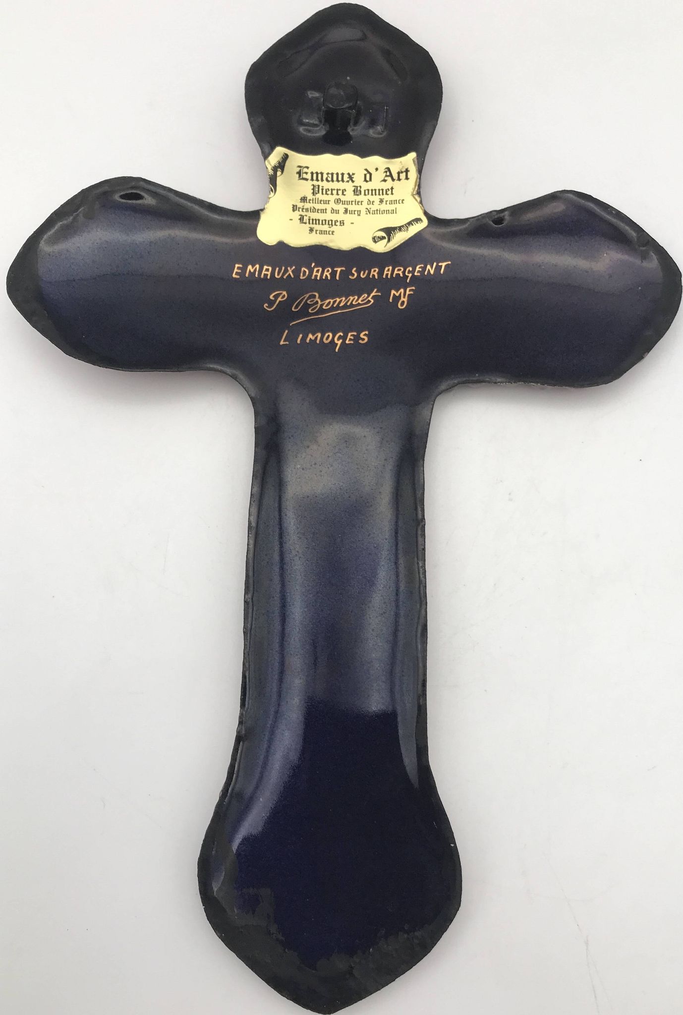 CROIX religieuse murale en émaux d’art sur argent signé P.BONNET, Limoges