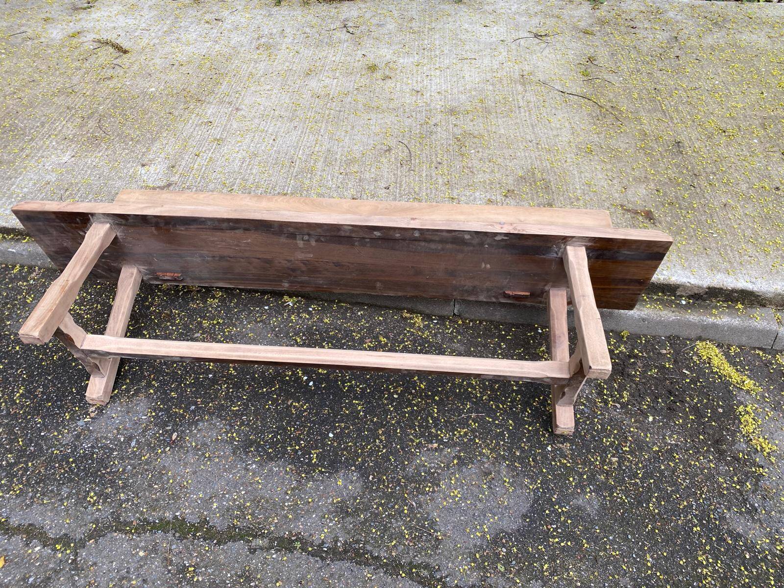 Renovated vintage farmhouse bench with a backrest in solid oak from the 20th century, 180cm.