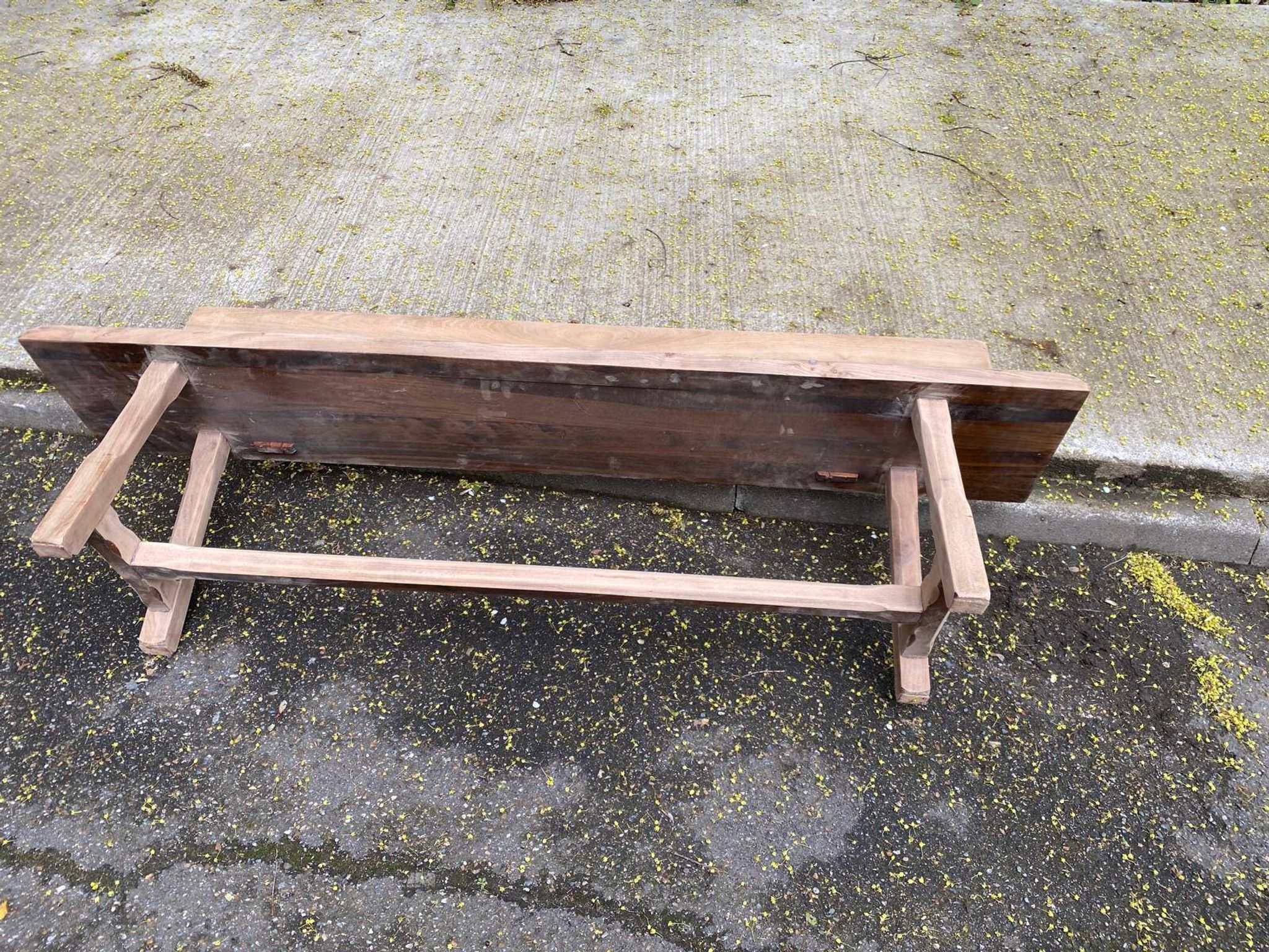 Renovated vintage farmhouse bench with a solid oak back from the 20th century, 180cm.
