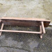 Renovated vintage farmhouse bench with a solid oak back from the 20th century, 180cm.