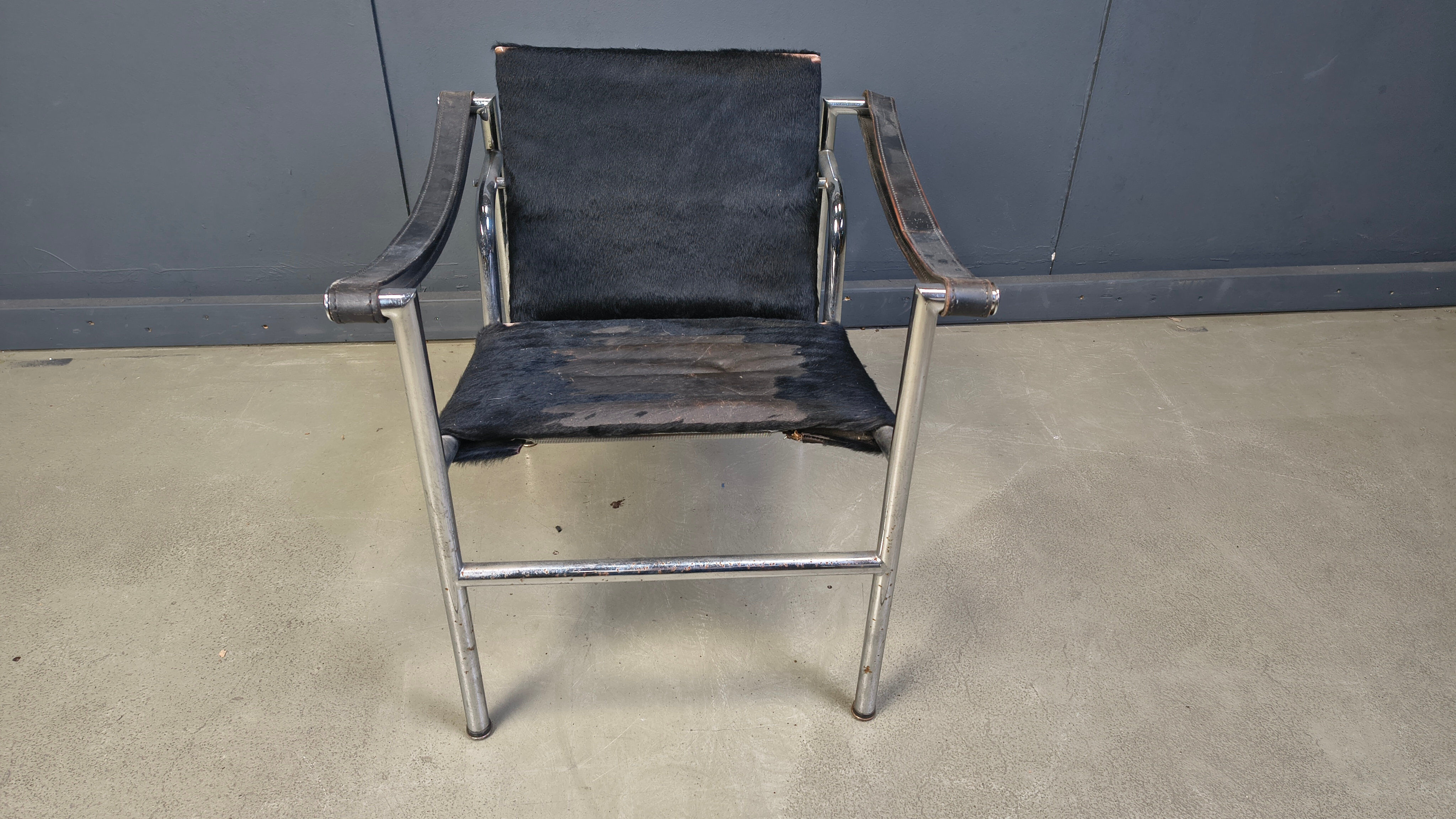 LC-1 chair in black ponyskin by Le Corbusier for Cassina 1970s
