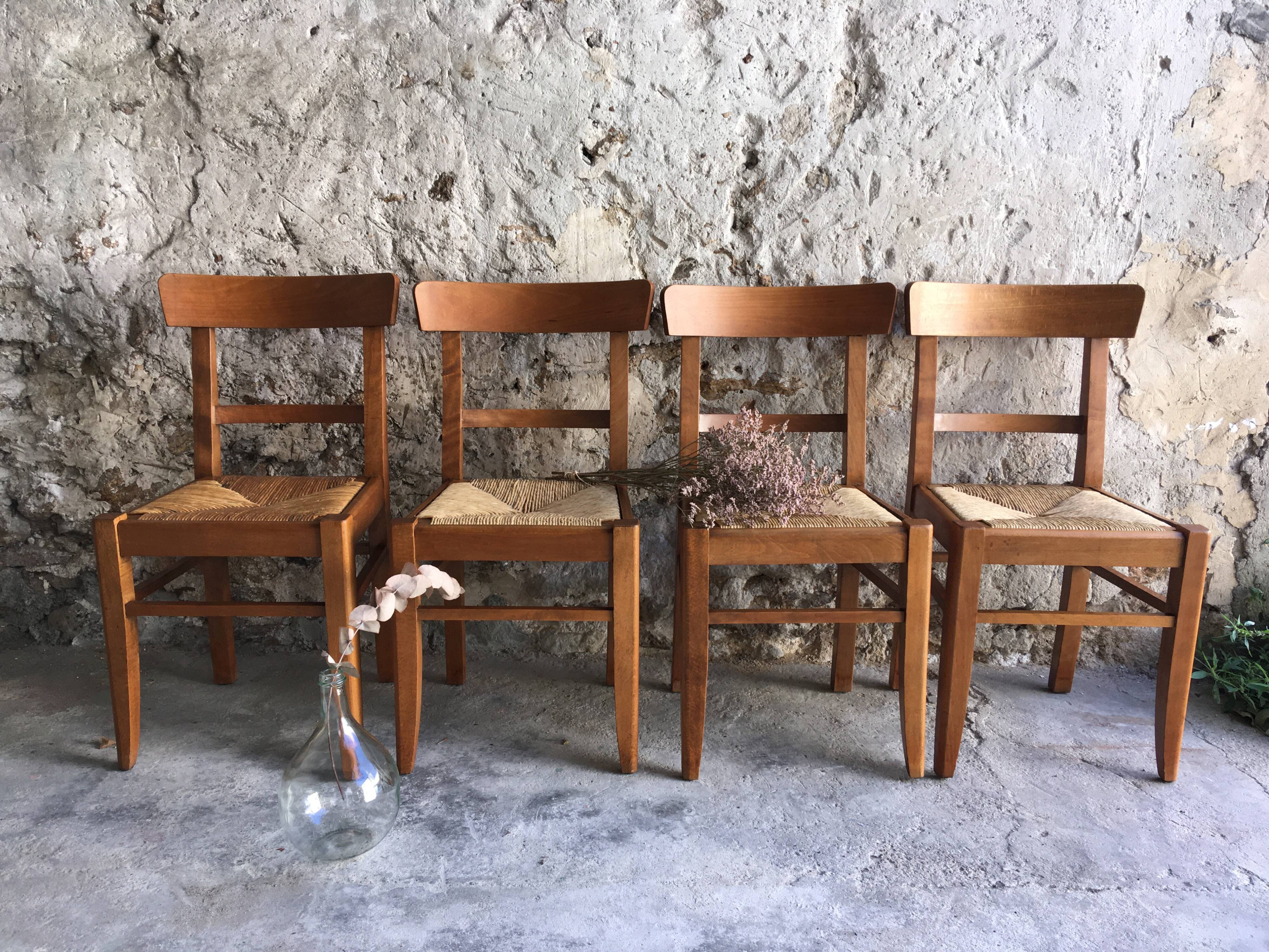 4 chaises vintage en bois et paille