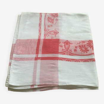 Nappe ancienne damassée rouge et blanc