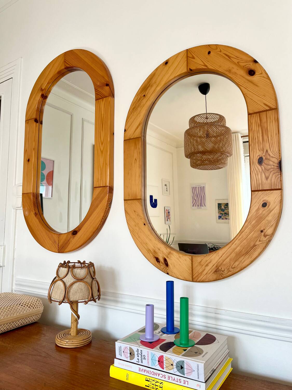 Oval mirror in solid pine vintage 70