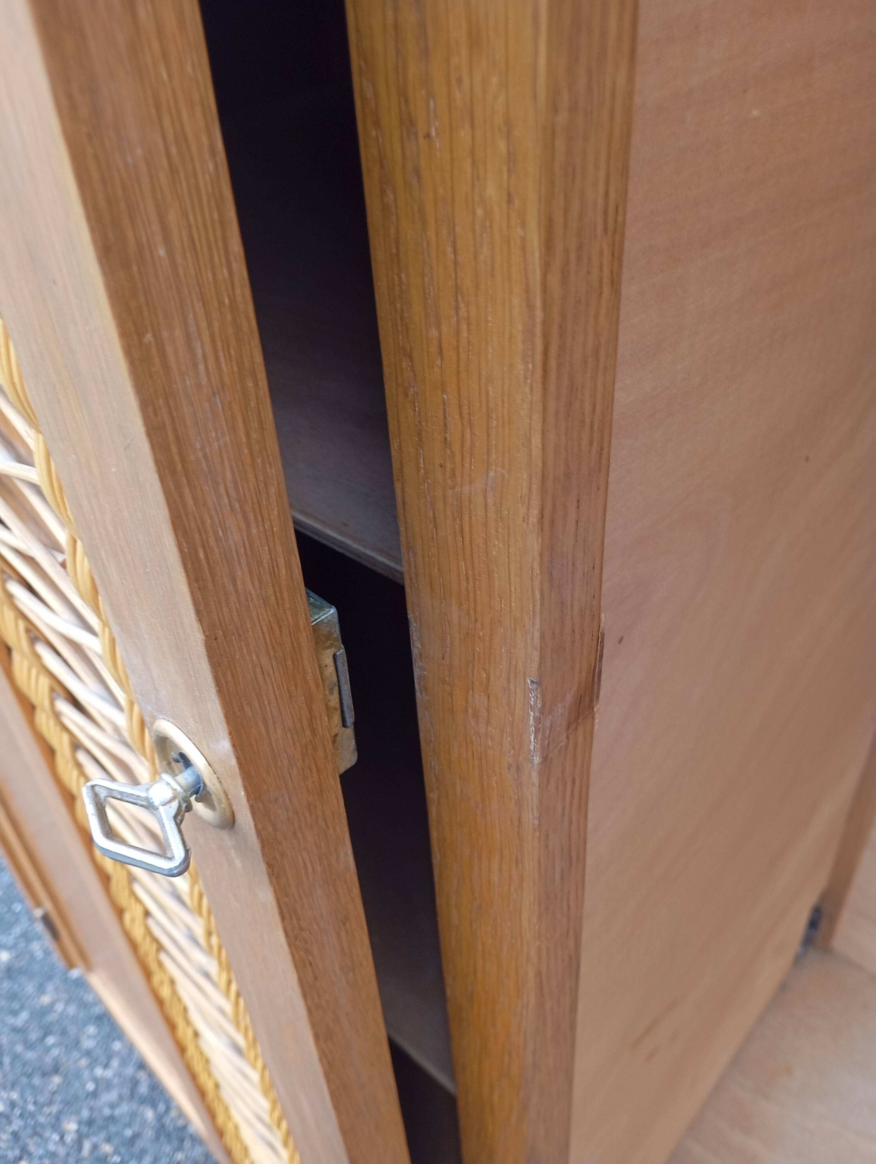 Vintage oak and rattan wardrobe