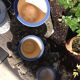 Suite of three cache pots in blue ceramic / vintage 70s-80s