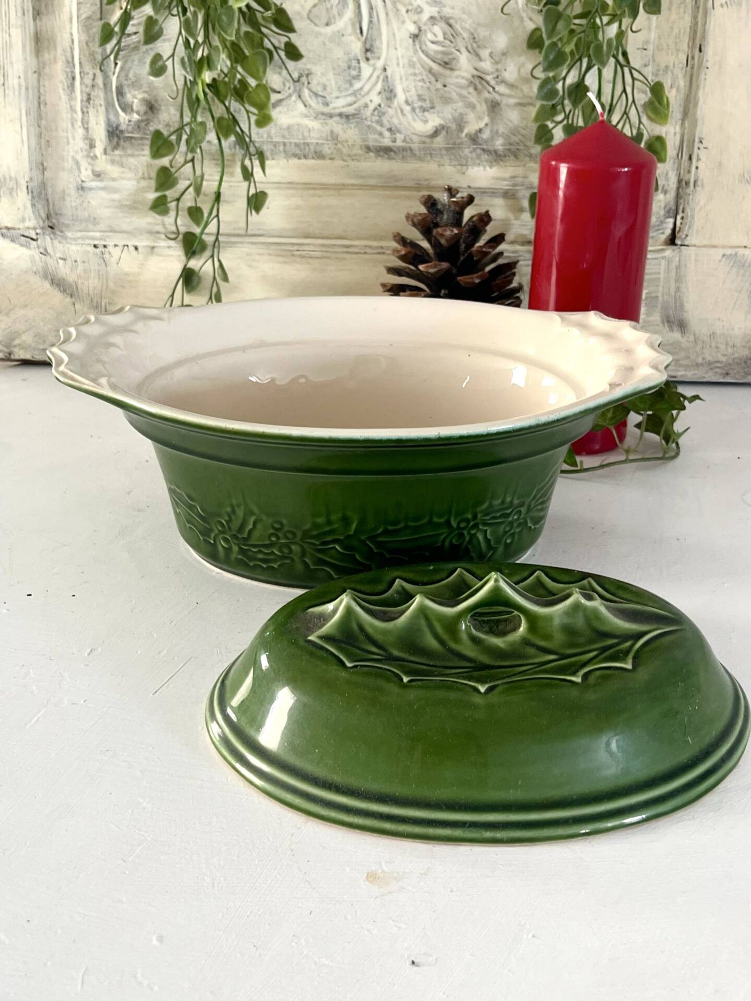 Christmas Terrine with Holly Lid, Green Ceramic Serving Dish, Vintage