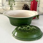 Christmas Terrine with Holly Lid, Green Ceramic Serving Dish, Vintage