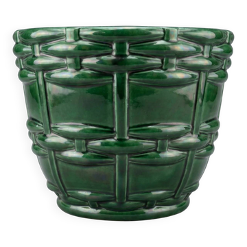 Cache-pot, Art Deco planter by Saint-Clément signed by Blanche Letalle in malachite green glazed ceramic.