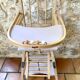 Vintage high chair for children, wood and mauve