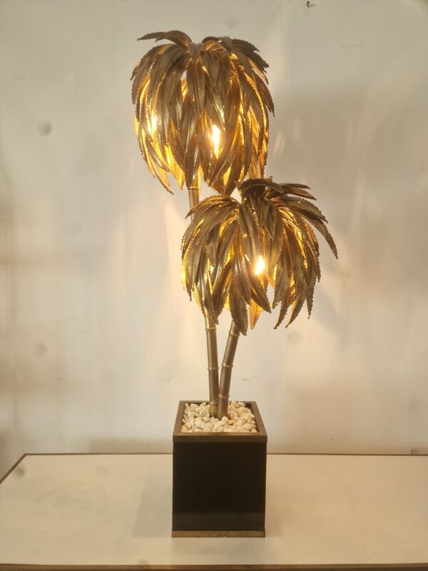 Lampe de table palmier en laiton vintage Maison Jansen, années 1970, France