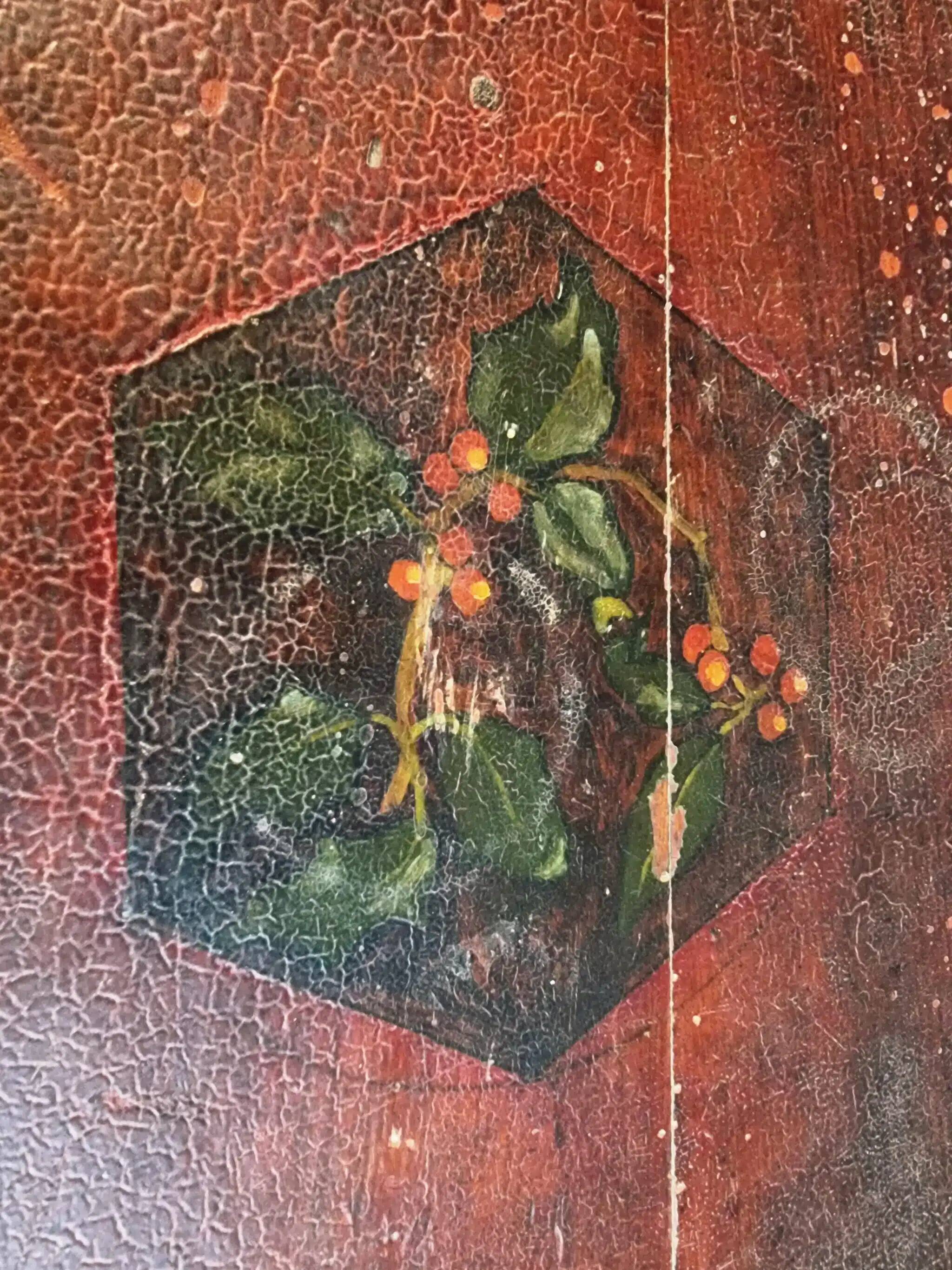 Antique French pine writing table, hand-painted folk art with drawer, signed 1916