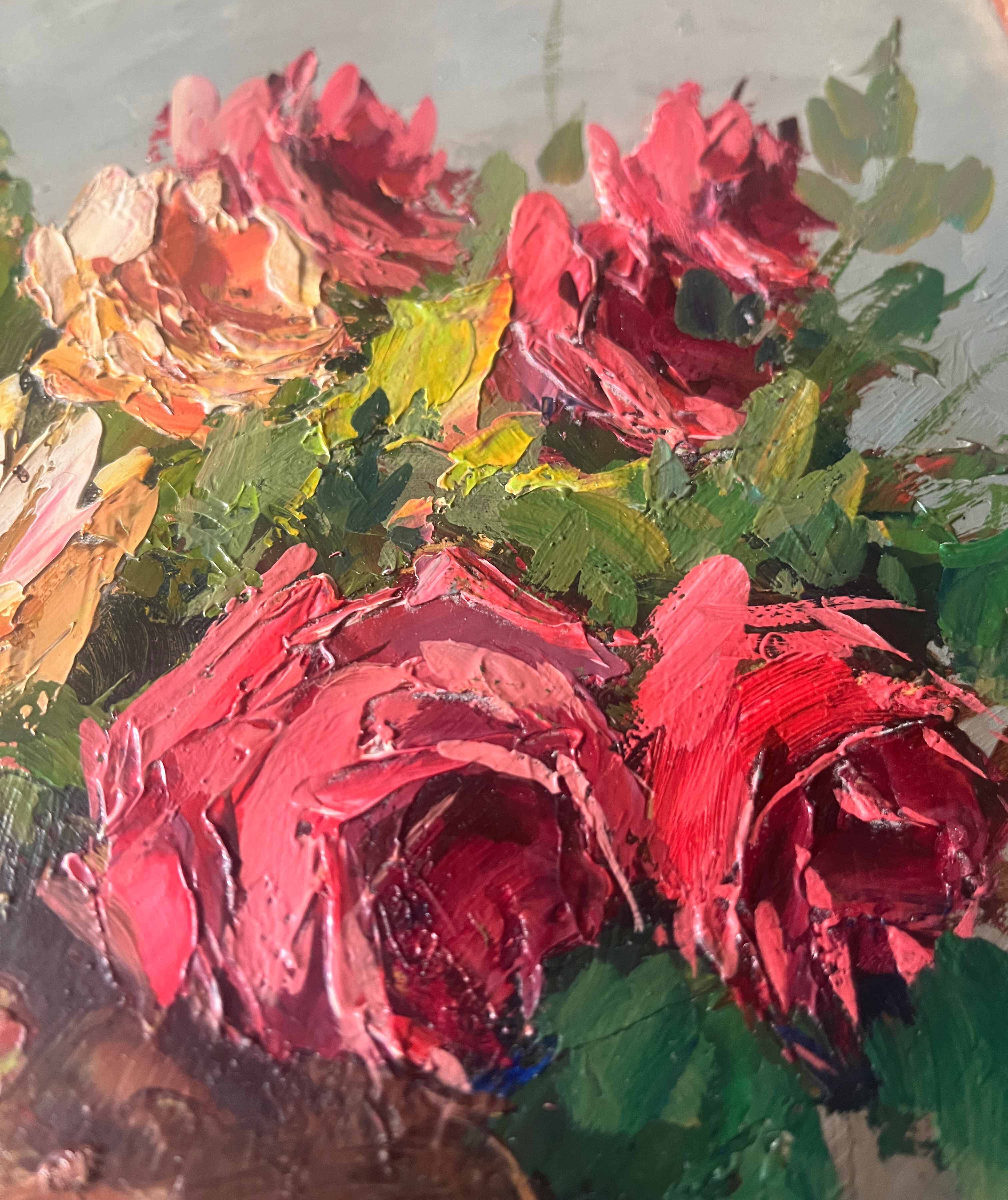 HSP painting "Bouquet of roses" in vase signed Florent + frame