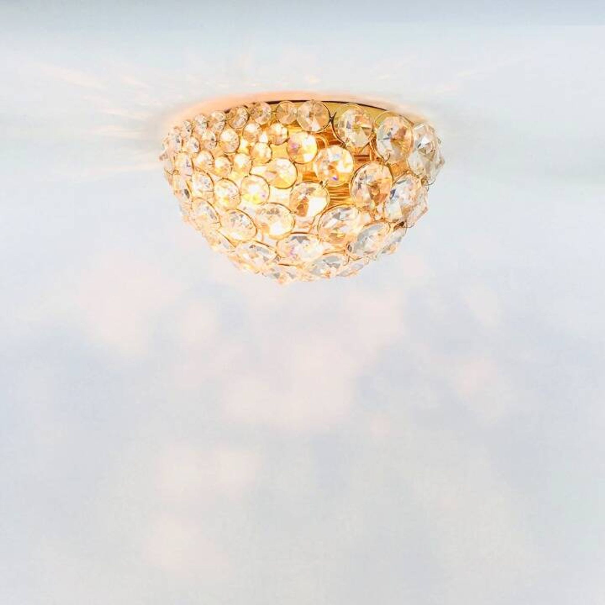 Crystal & gilt brass flush mount from palwa, germany, 1970s