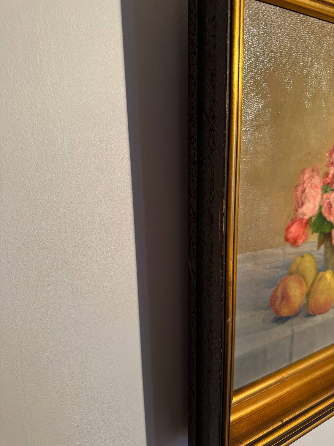 Old painting, Still life or roses and fruits, early 20th century