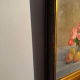 Tableau ancien, Nature morte ou roses et fruits début XX siècle