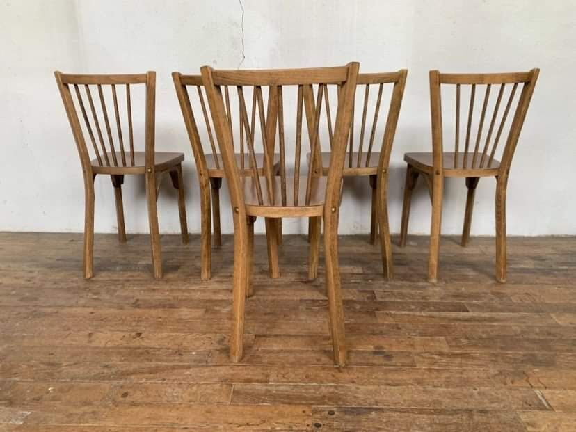 Series of 5 old baumann bistro chairs in curved wood