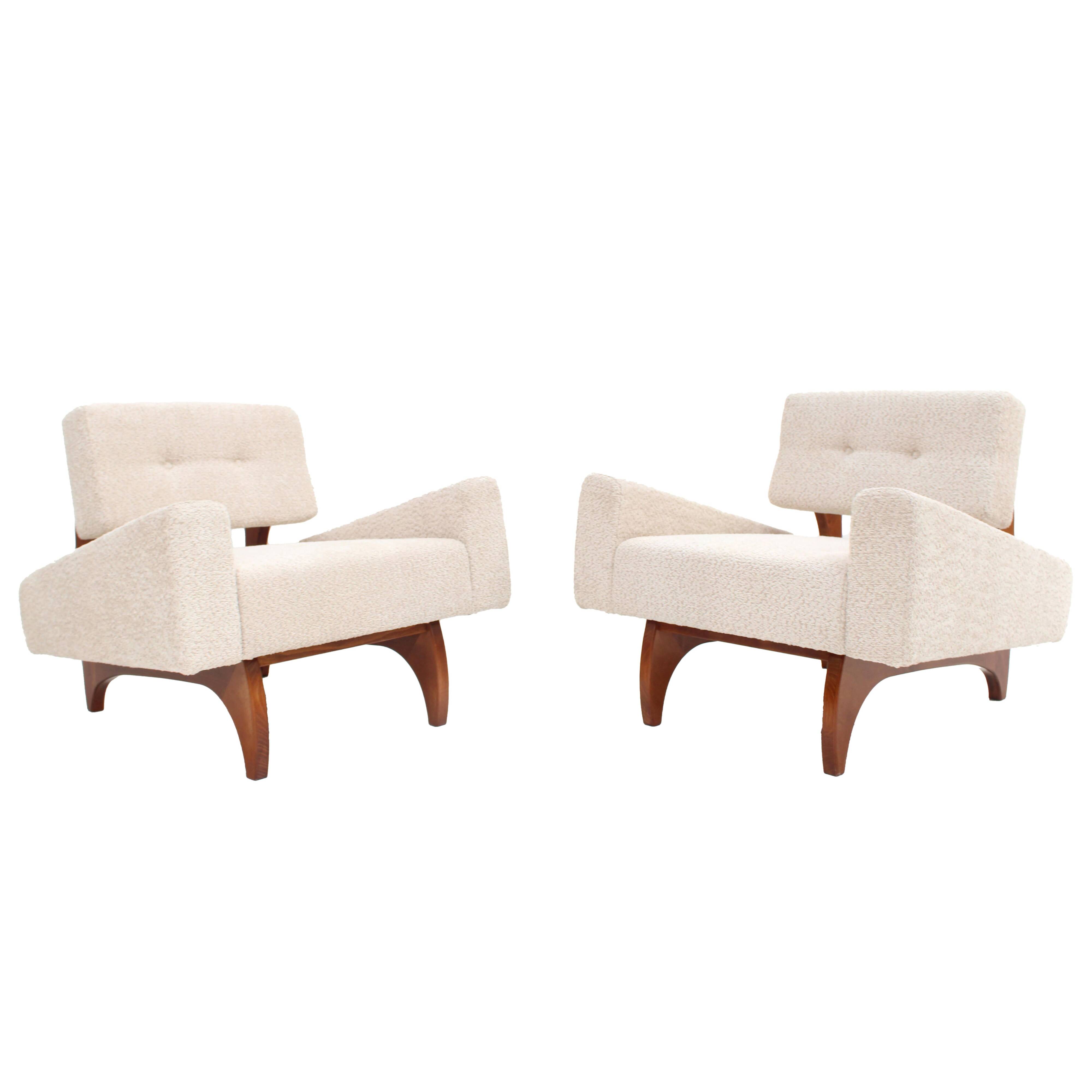 Pair of Italian Contemporary Walnut Armchairs with White Bouclé Upholstery