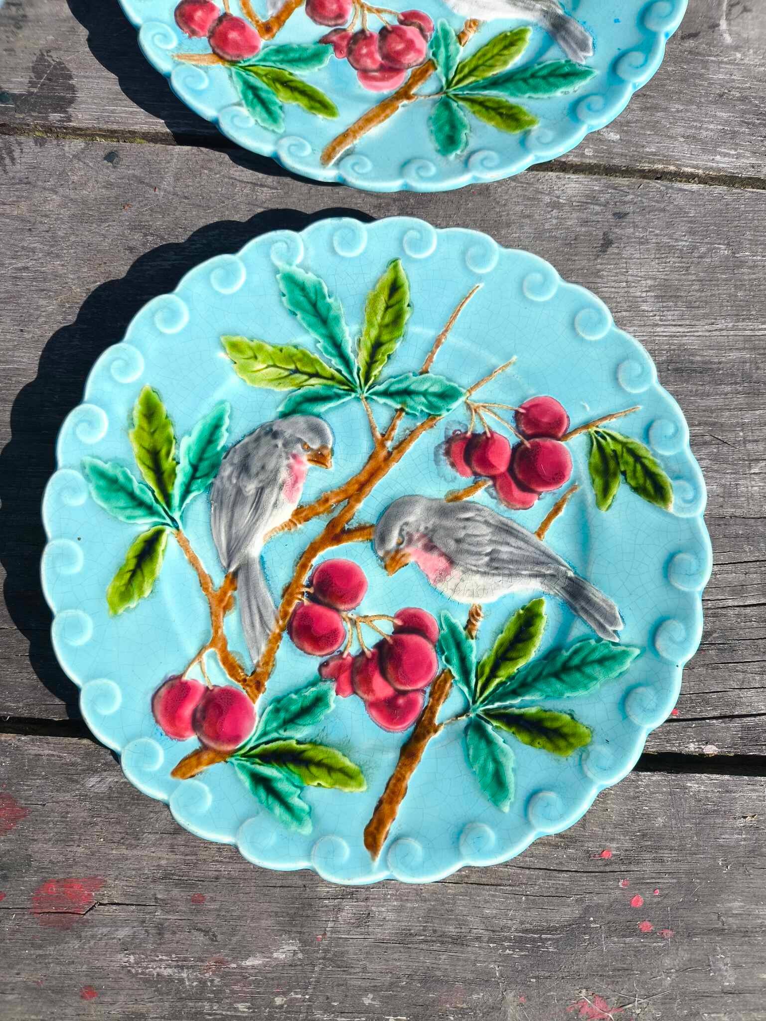 4 anciennes assiettes en barbotine décor oiseaux en faïence de Sarreguemines