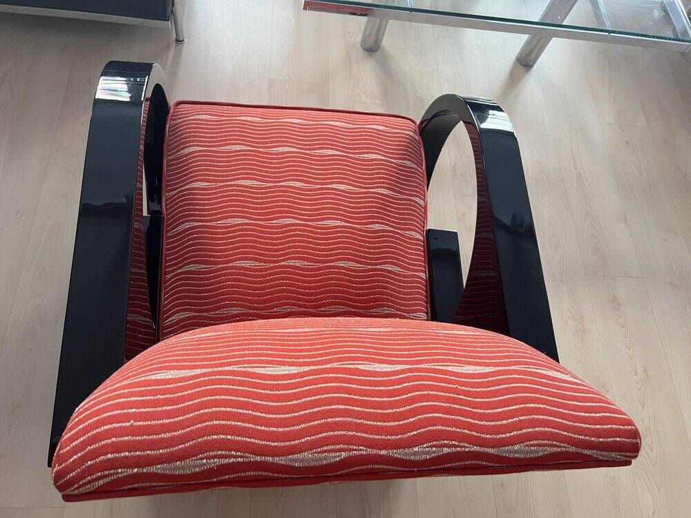 Art Deco Club Chair, Black Lacquer and Red Fabric, France circa 1930