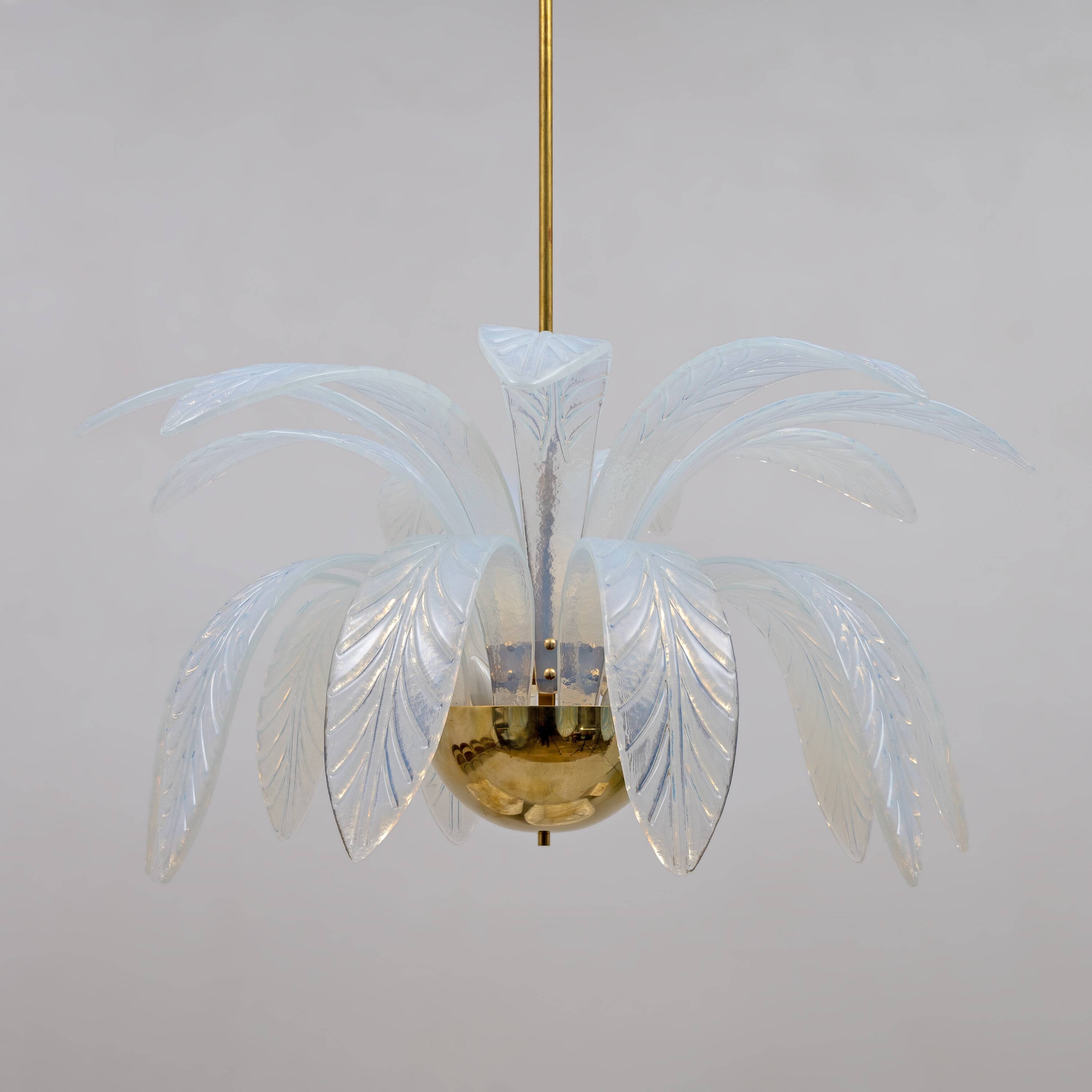 Iridescent Murano Glass and Brass Palm Leaves Chandelier