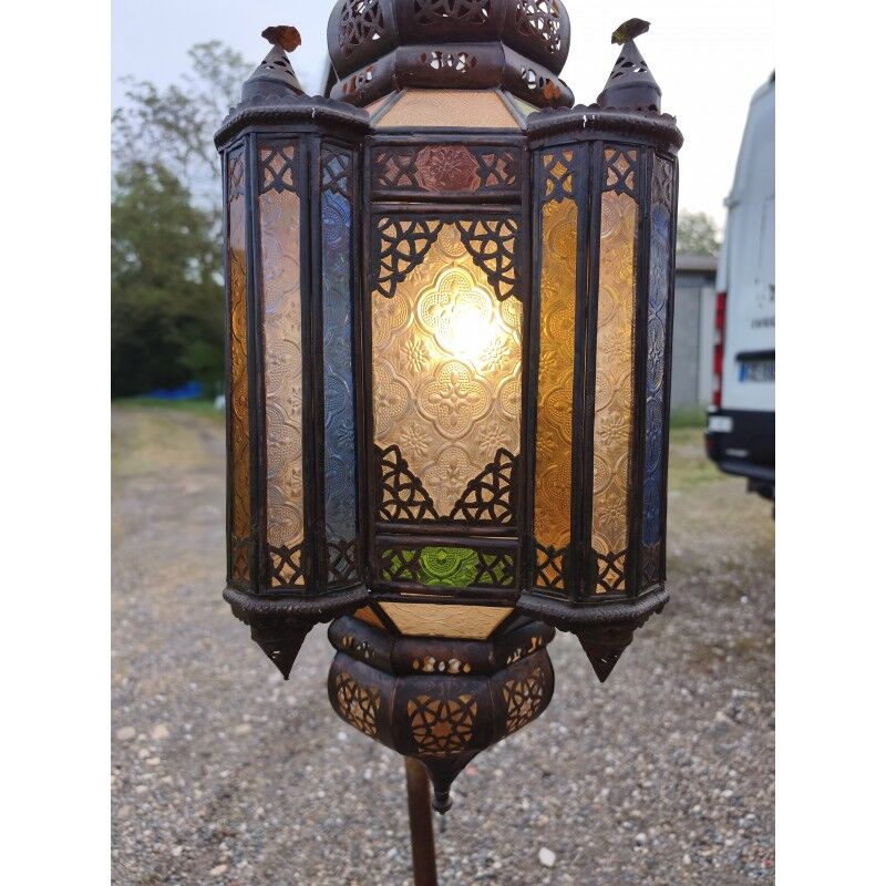 North African lantern suspension in brass and coloured glass.
