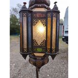 North African lantern suspension in brass and coloured glass.