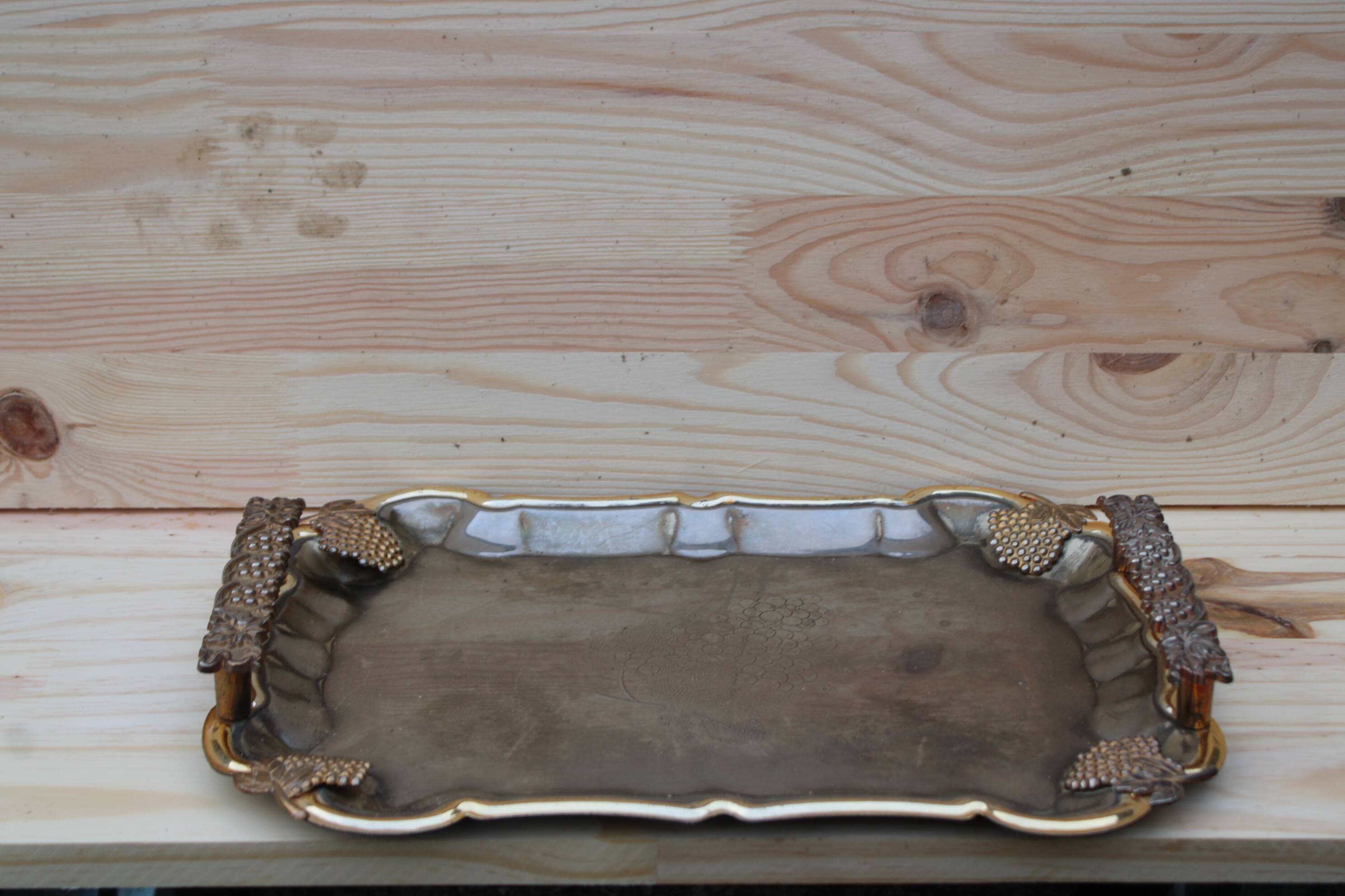 Antique silver-plated metal tray with gilt edges – Grape cluster motif