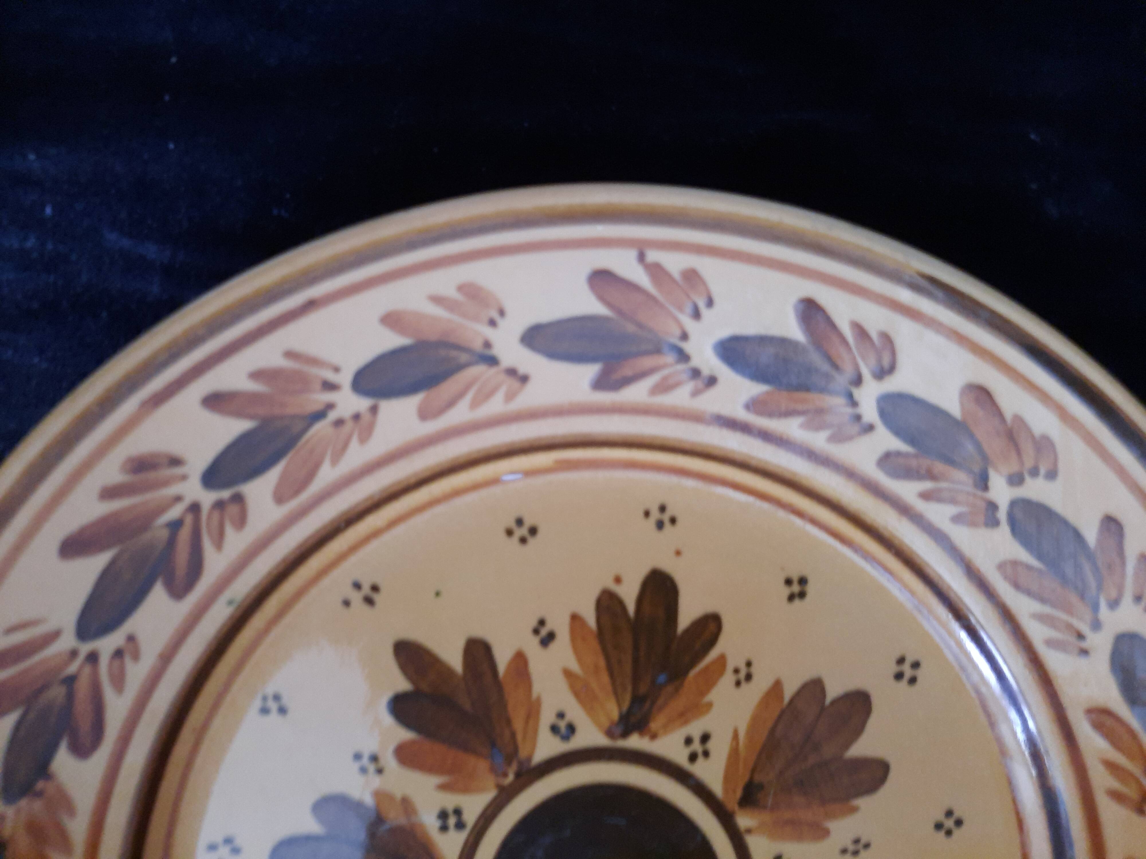 Old HB Quimper Plate Ceramic Geometric Floral Design Brown Yellow