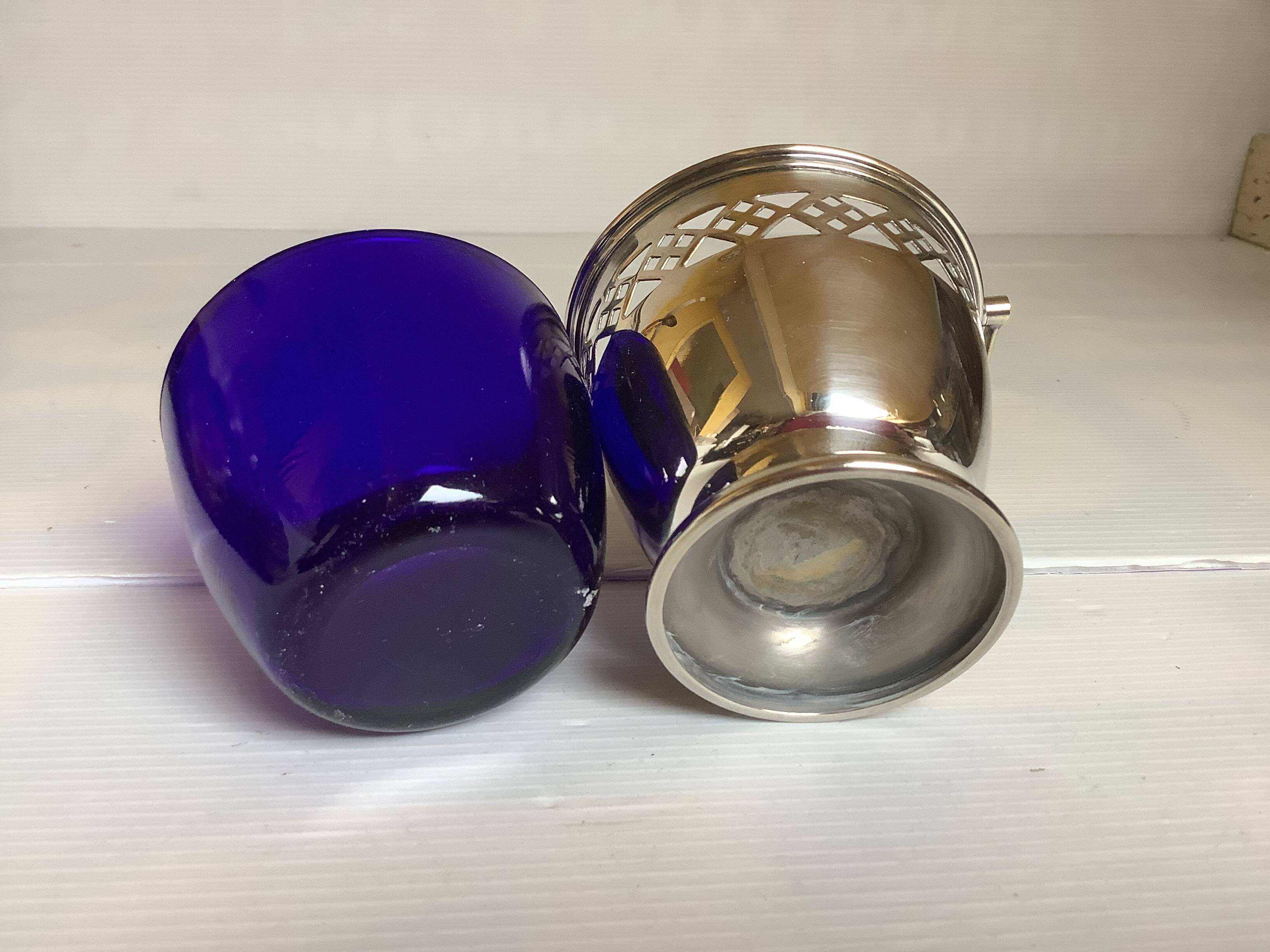 Blue and silver metal sweet jar.