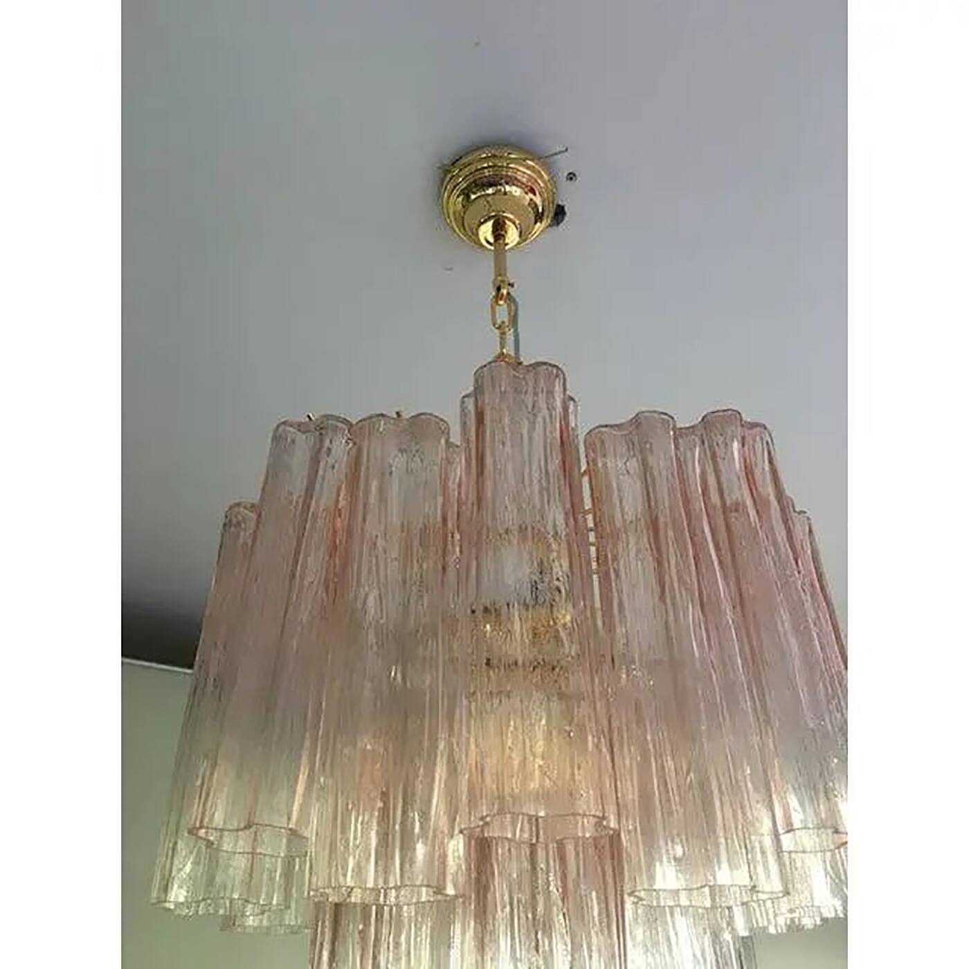 Set of 2 Contemporary Murano Style Glass Pink "Tronchi" Chandelier With Gol