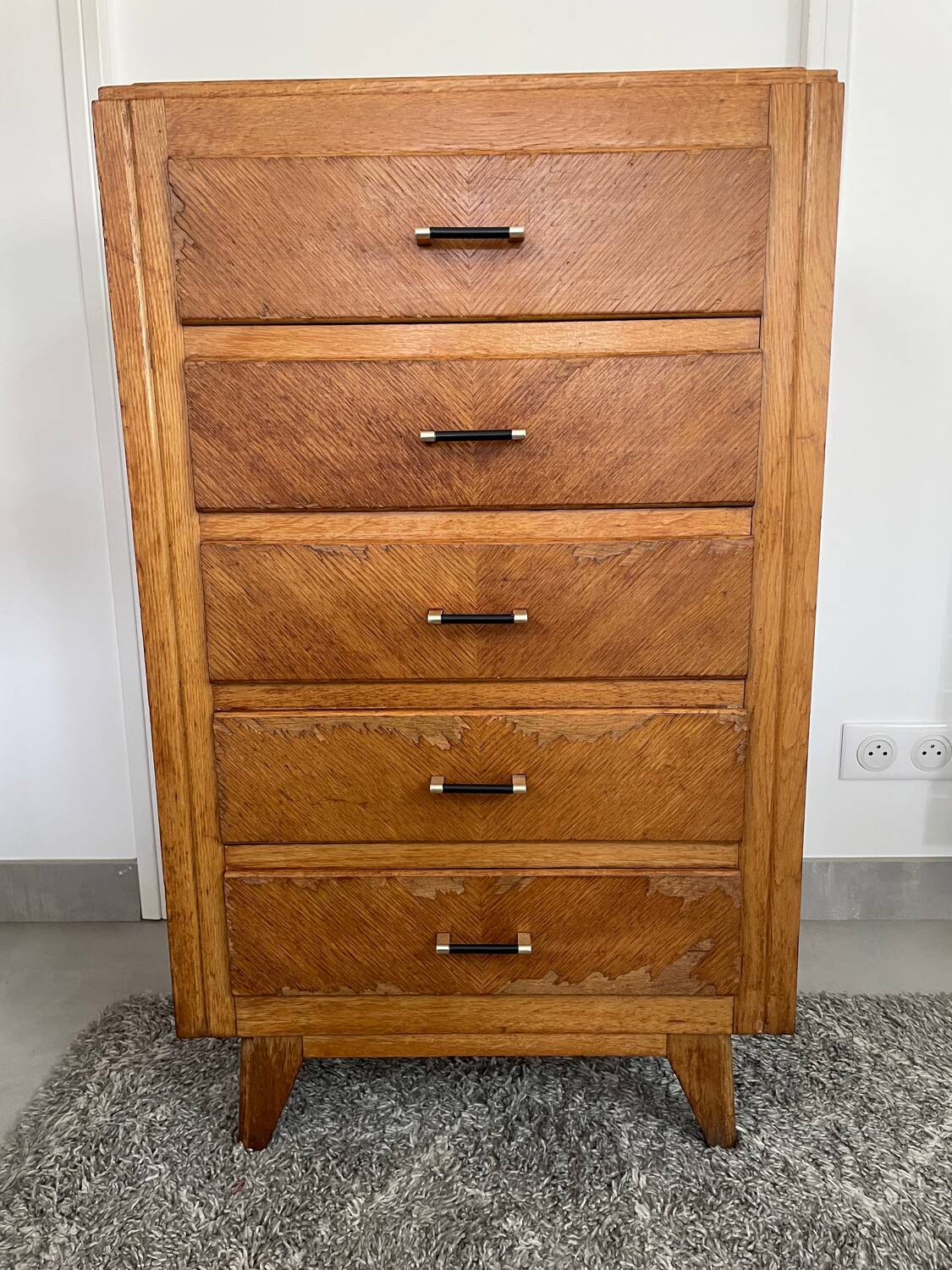 High chest of drawers with 5 drawers, vintage oak, 1950s