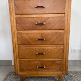 High chest of drawers with 5 drawers, vintage oak, 1950s